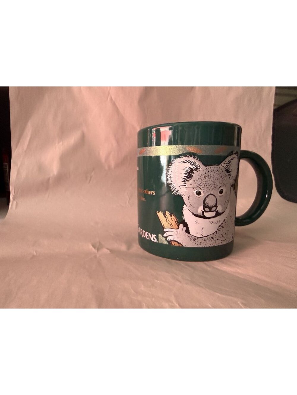 Busch Gardens Green Koala Ceramic Mug 1996 "Live Simply" Design 12 Oz
